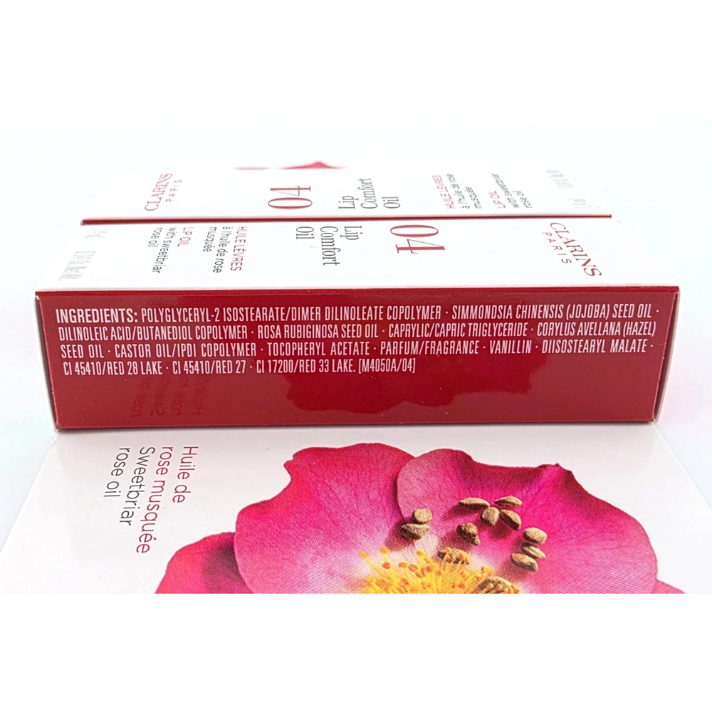 2x Clarins Lip Comfort Oil 04 PITAYA w Sweetbriar Rose Oil Travel 1.4 ml/0.04 oz - Picture 3 of 7